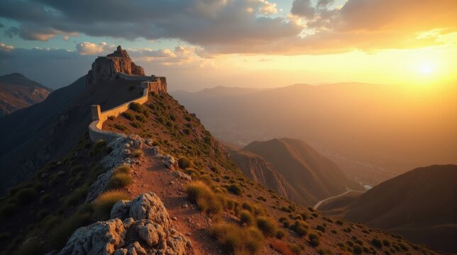 Panoramic view of sunlit Sierra de la Demanda mountains at dawn.