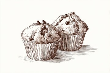 Two Chocolate Chip Muffins Sketchy Delight on White.