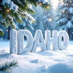Winter wonderland in idaho: snowy landscape with pine trees and frosty letters