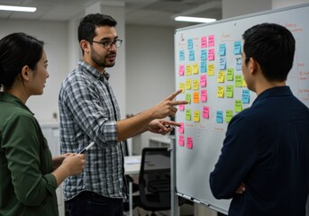 Three colleagues are discussing ideas using sticky notes on a whiteboard in the office