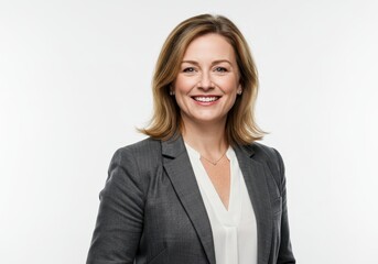 Smiling woman in a gray blazer poses against a white background for a professional portrait