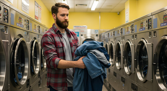 Man in Plaid Shirt Holding Denim in Laundromat with Stainless Steel Washing Machines and Bright Fluorescent Lighting
