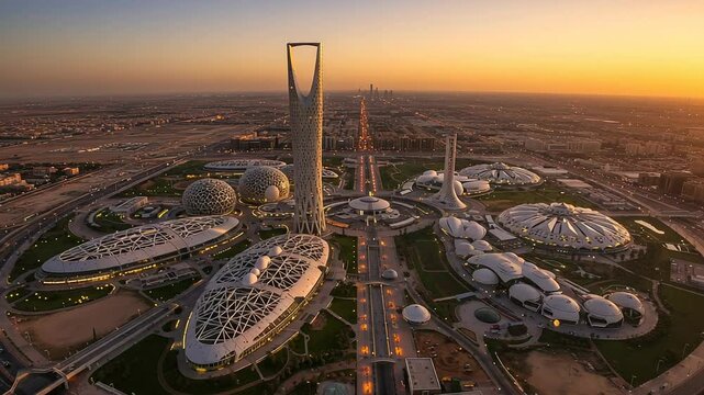 Futuristic riyadh skyline at golden hour drone video of modern neighborhood development