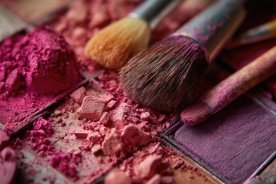 Makeup palette with scattered powder and brushes - Powered by Adobe