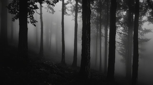 A dark forest in black and white with fog rolling in 