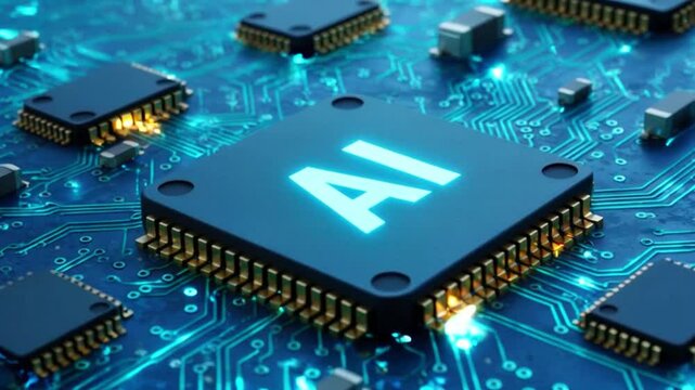 central processor chip with the word "AI" with lots of light trails and electric current sparks on the glowing components.