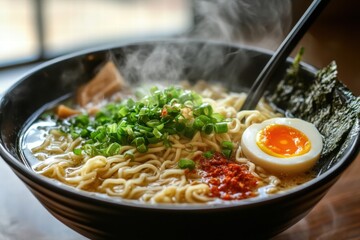 Bowl of spicy ramen noodles with herbs