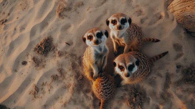 Three meerkats sitting on sand, looking up at the camera.