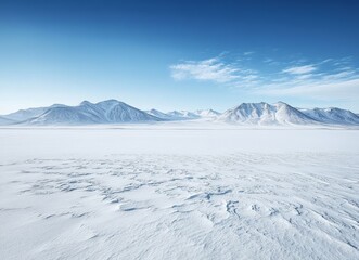 Snow-covered landscape with distant mountains under a clear blue sky