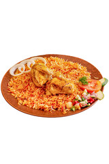 Biryani rice served with grilled chicken, sliced of onion, pickles. Serves on brown plate with gravy and sauce. Perfect for menu, advertising or commercial use