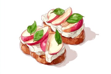 Peach bruschetta art Toasted bread with ricotta cheese  fresh basil leaves.