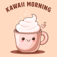 Kawaii morning Hot Cocoa Cup, Coffee with whipped Cream Character Poster. Cheeky character. Playful food for social media, kawaii character. Vector illustrations