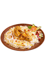 isolated biryani and smoked barbeque chicken served on brown plate with pickles, tomato, cucumber and onion. Perfect for menu, advertising or commercial use