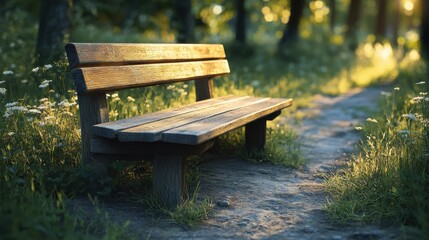 Sunlit wooden bench in tranquil forest setting with pathway and wildflowers