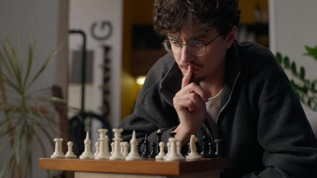 Thoughtful Caucasian man guy grandmaster playing chess at home male ponder brainstorm hipster thinking through tactics player enjoy chessboard mind game tournament moving piece knight checkmate sport