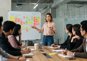 A woman presents ideas on a whiteboard to a group of colleagues in a meeting