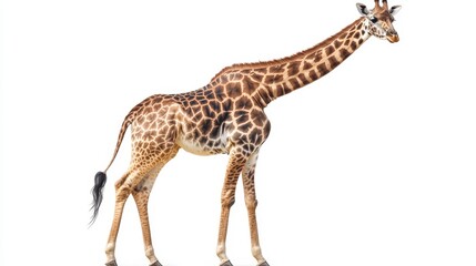 Naklejka premium A graceful giraffe stands against a white background, showcasing its distinctive long neck and spotted coat.