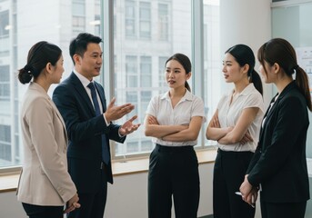 A group of asian business people are having a meeting in a bright office space