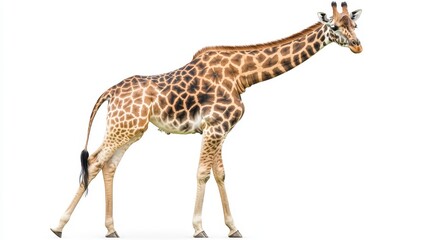 Fototapeta premium A giraffe walking against a white background.