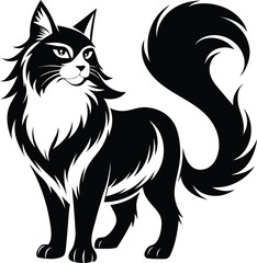 Norwegian Forest Cat silhouette, Line art vector illustration of a Norwegian Forest Cat standing proudly with its thick coat