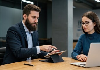Fototapeta premium Man pointing at tablet screen while woman looks at laptop during business meeting