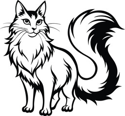 Norwegian Forest Cat silhouette, Line art vector illustration of a Norwegian Forest Cat standing proudly with its thick coat