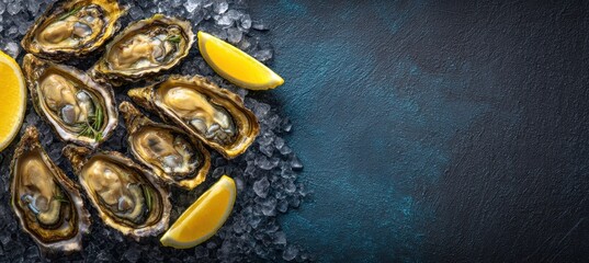 Freshly shucked oysters on ice with lemon wedges and dark slate