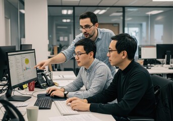 Fototapeta premium Three men are working together looking at data on a computer screen in an office environment