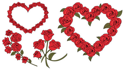 Vector Beautiful heart shapes made of red roses, showcasing love and romance in floral designs. Perfect for celebrations