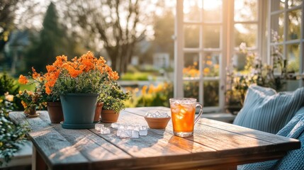 Rustic outdoor table with iced tea, flowers, and patio view.