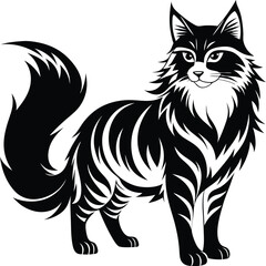 Norwegian Forest Cat silhouette, Line art vector illustration of a Norwegian Forest Cat standing proudly with its thick coat