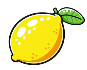 Bright and bold cartoon-style illustration of a juicy yellow lemon with a green leaf on a white background