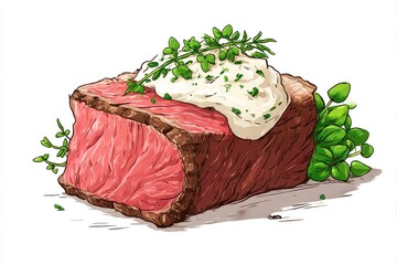Delicious Steak Cartoon Gourmet with Juicy, and Topped with Cream and Herbs.