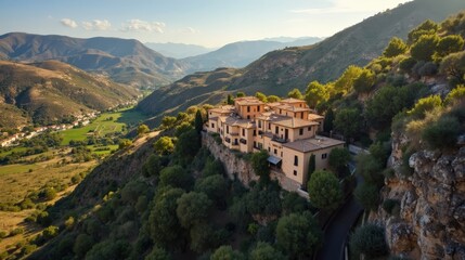 Aerial view of Sierra de Cazorla Segura y Las Villas under bright midday sun.