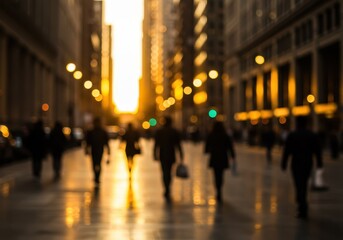 People walk down a city street at dusk with golden light reflecting off the sidewalk