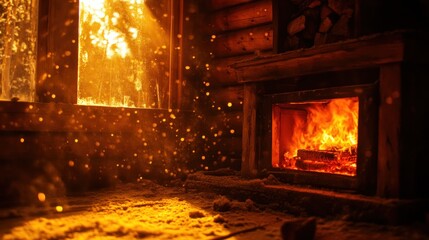 Cozy Cabin Fireplace Winter Wonderland