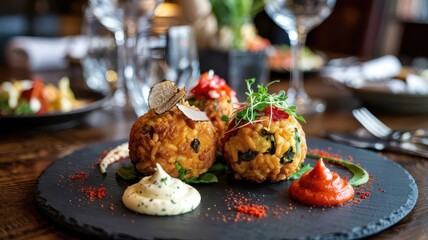 Arancini rice balls upscale restaurant presentation on black slate plate with truffle, microgreen and pepper flake toppings, basil oil swirl and two sauce quenelles arranged