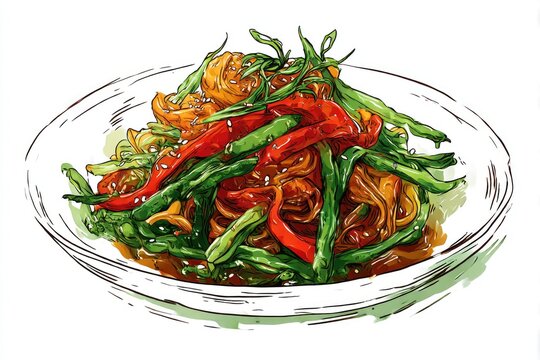 colorful food dish with red peppers and green beans clip art preview