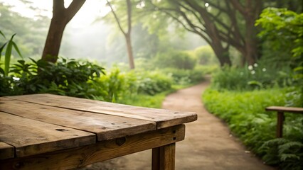 Fototapeta premium Summer Picnic Scene: Empty Wooden Table in Lush Garden