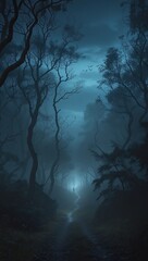Mystical Dark Forest Path at Twilight with Silhouetted Figure and Foggy Atmosphere