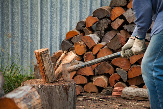 Man splitting logs of wood for fire in winter