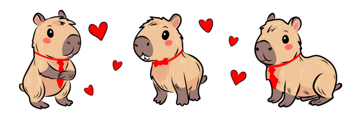 Three cute cartoon capybaras in red ties and bow ties, surrounded by red hearts. Fun and playful facial expressions, kawaii style. Hand drawn vector illustration with bold outlines and soft brown fur 