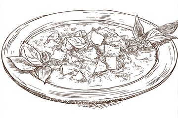 Sketch of Refreshing Panzanella Salad with Basil on Plate with Vector Art.