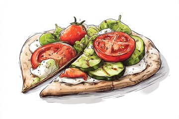 Pita Pizza Art Grilled Veggies with Tomato and Feta Cheese Handdrawn style.