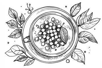 Pea Soup Sketch Top View Bowl surrounded by Leaves Healthy food.