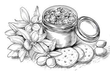 Pesto Jar Sketch Culinary Herbs with Savory Crackers, and Artful Illustration.