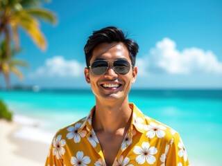 Hombre asiático sonriente con camisa tropical, gafas de sol y fondo de playa con cielo azul