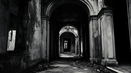 A dark, eerie abandoned building in grayscale 
