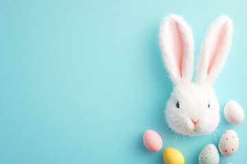 Obraz premium Fluffy white bunny Easter eggs pastel blue background
