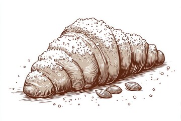 Croissant Sketch Fresh Pastry with Almonds with Powdered Sugar.